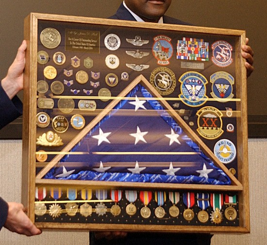 The medals on display in my retirement Shadow Box